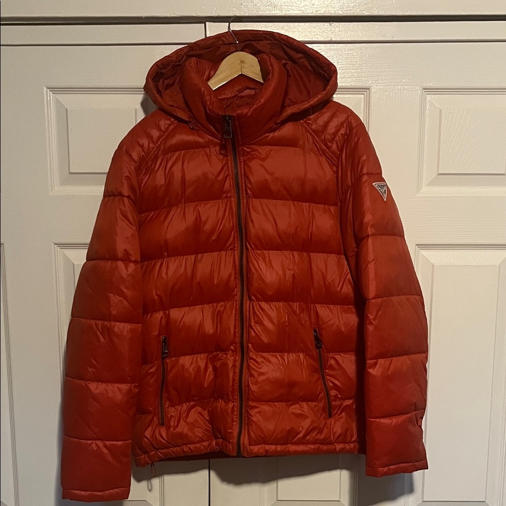Guess Orange Puffer Jacket with Hood